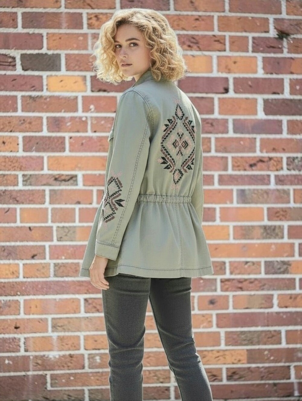 Vintage America Olive Embroidered Utility Jacket Women's Sz L 4 Pocket Front